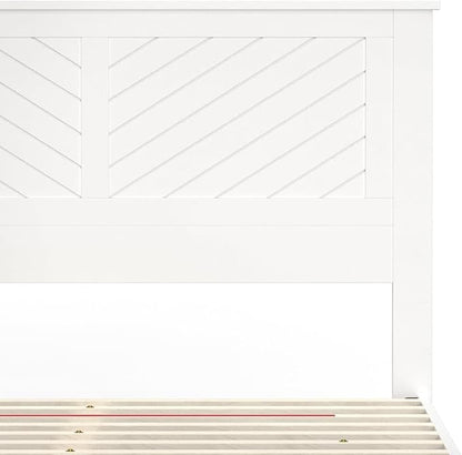 Serene Farmhouse Style Wood Bed in Full Size with Chevron Scoring Headboard, Coastal Modern Design, Sturdy, Easy Assembly, Ample Underbed Storage, White Finish