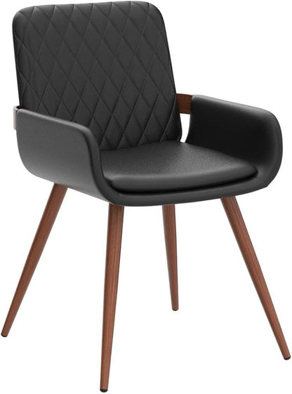 LUNLING Mid Century Modern Faux Leather Dining Chairs Set of 2, Black, Upholstered Seat, Metal Legs, Adjustable Foot for Kitchen Dining Room Desk Chairs