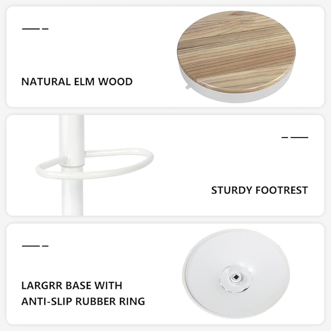 Kidol & Shellder White Bar Stools Set of 6 Adjustable Swivel Backless Barstools Modern Round Counter Height Stools Wooden Seat Armless Bar Chairs for Kitchen Island, Cafe, Dining Room