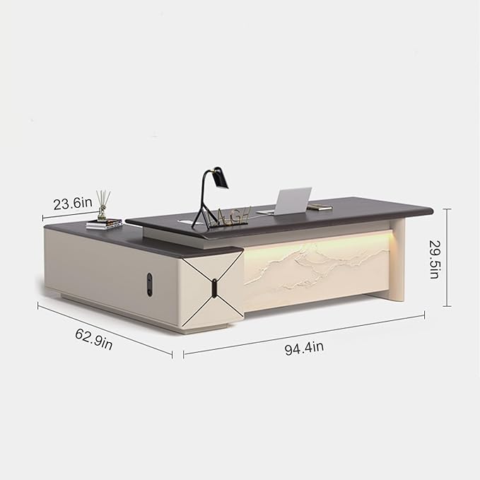 94IN L-Shaped Executive Desk with Drawer Cabinet, Executive Office Desk with LED Strip & Exquisite Handle & Fashionable Pattern Design