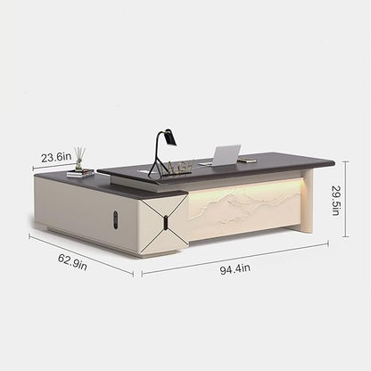 94IN L-Shaped Executive Desk with Drawer Cabinet, Executive Office Desk with LED Strip & Exquisite Handle & Fashionable Pattern Design