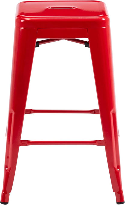 Vogue Furniture Direct 24" High Bar Stools Backless Red Metal Barstools Indoor-Outdoor Counter Height Stools with Square Seat, Set of 4