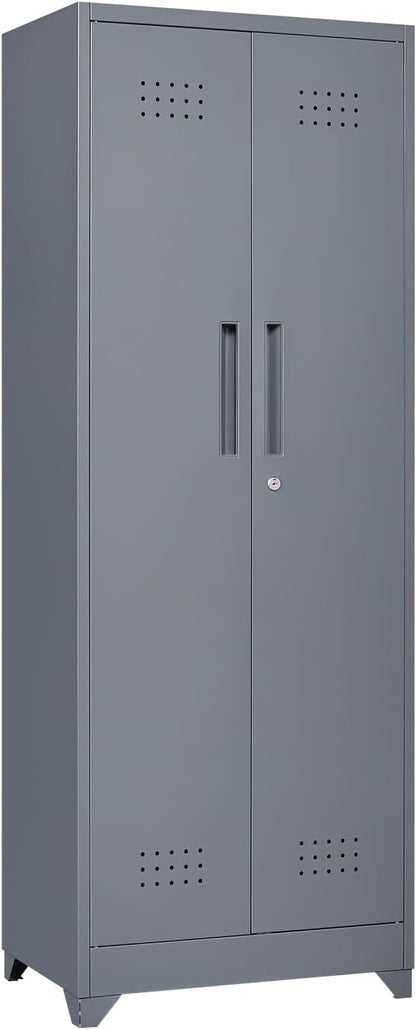 FLEXIMOUNTS 65'' Tall Metal Storage Cabinet with Locking Door, Large Cleaning Tool Organizer for Brooms, Garage, Laundry Room, Bathroom, Dark Grey