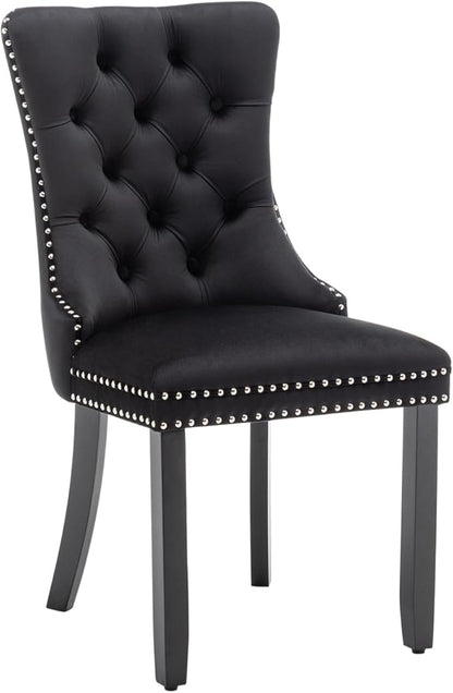 Velvet Dining Chairs Set of 2, Tufted Dining Room Chairs with Nailhead Ring Pull Trim, Upholstered Dining Chairs with Solid Wood Legs for Kitchen Dining Room (Black)