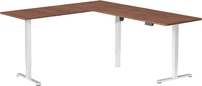 VIVO Corner Standing Desk, 75 x 63 inch Reversible L-Shaped Workstation, Electric Height Adjustment, Home, Office, and Reception Rooms, Dark Walnut Table Top White Frame, DESK-E3CTWD-75