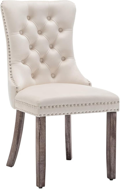 Velvet Dining Chairs Set of 2, Tufted Dining Room Chairs with Nailhead Ring Pull Trim, Upholstered Dining Chairs with Solid Wood Legs for Kitchen Dining Room (Beige)