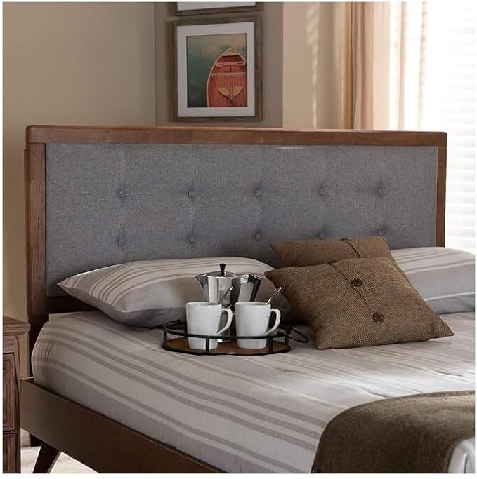 Mid-Century Marvel Fabric Upholstered Walnut Brown Finished Wood Headboard, Wall Mount Headboard Full/Light Gray