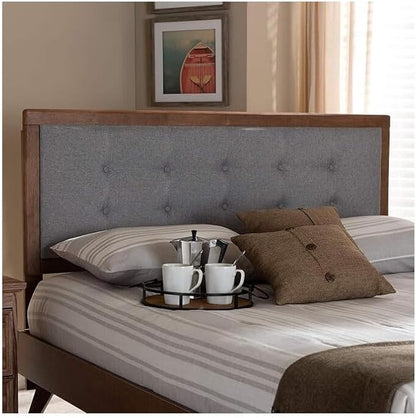 Mid-Century Marvel Fabric Upholstered Walnut Brown Finished Wood Headboard, Wall Mount Headboard Full/Light Gray