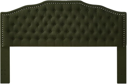 24KF Upholstered Button Tufted King Size Headboard with Nailhead Trim, Elegant Boucle Fabric California King headboard, 6031-K-Boucle-Dark Green