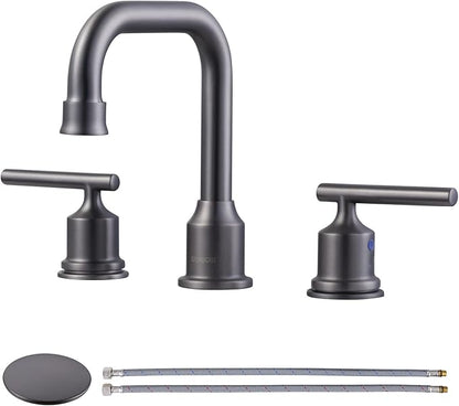 WOWOW Widespread Bathroom Faucet Brass Bathroom Sink Faucet Dark Grey Vanity Tap 3 Hole with Drain and Supply Lines, 2 Handle Basin Mixer Taps 3 Pieces
