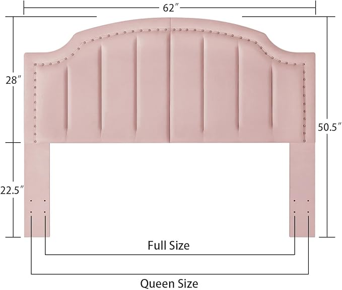 24KF Velvet Fabric Upholstered Queen/Full Headboard with Nail Trims,Modern Vertical Channel Design with Curved Headboard, 6052-Q-Pink
