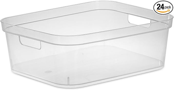 Sterilite 5.25 x 12.25 x 15 Inch Medium Modern Storage Bin w/Comfortable Carry Through Handles & Banded Rim for Household Organization, Clear 24 Pack