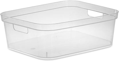 Sterilite 5.25 x 12.25 x 15 Inch Medium Modern Storage Bin w/Comfortable Carry Through Handles & Banded Rim for Household Organization, Clear 16 Pack