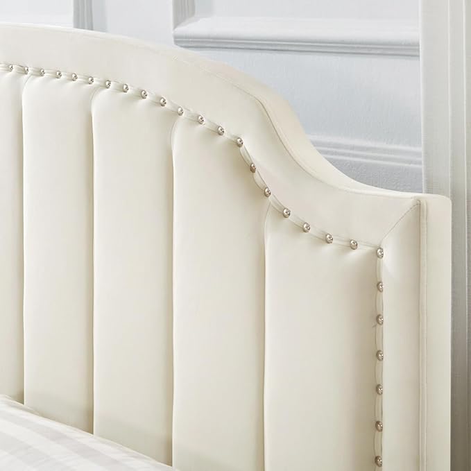 24KF Velvet Fabric Upholstered Queen/Full Headboard with Nail Trims,Modern Vertical Channel Design with Curved Headboard, 6052-Q-Cream