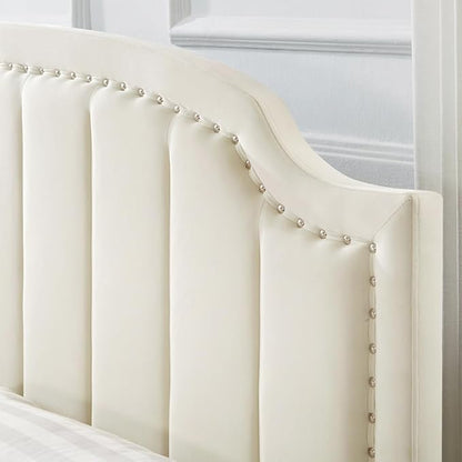 24KF Velvet Fabric Upholstered Queen/Full Headboard with Nail Trims,Modern Vertical Channel Design with Curved Headboard, 6052-Q-Cream