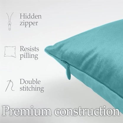lalaLOOM Velvet Throw Pillow Covers, Set of 2, 18x18 Decorative Square Pillows Home Decor, Soft Accent Cases, Silky Machine Washable Pillowcases for Sofa, Couch, Bedroom, Living Room, Turquoise