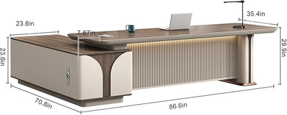 86IN L Shaped Executive Desk - Executive Office Desk with Side Cabinet & Grille Front Baffle & Embedded LED Strip & Mechanical Password Lock & Double-Layer Countertop & Gold Foot Pad