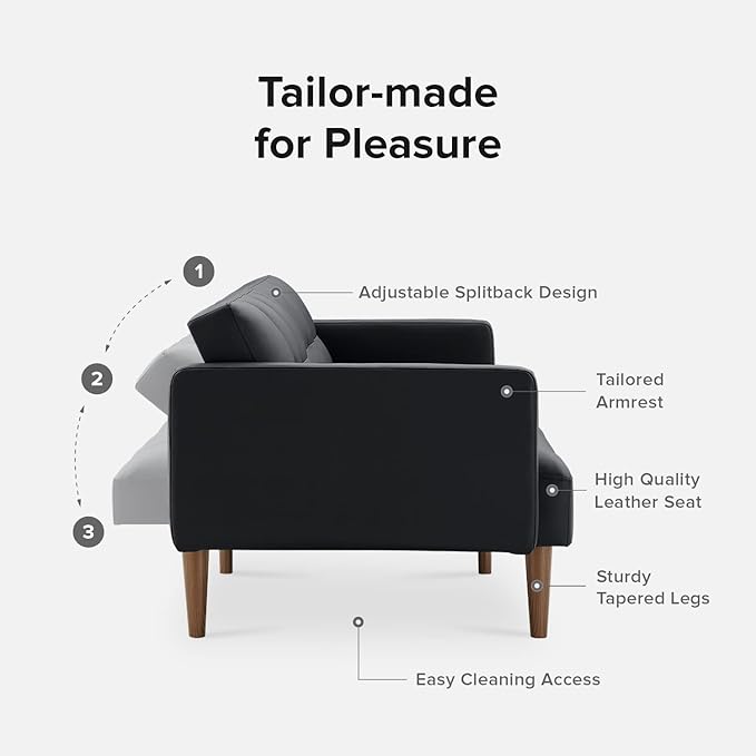mopio 76.4" Futon Sofa Bed, Couch, Loveseat, Sleeper Sofa, Mid Century Modern Futon Couch, Sofa Cama, Couches for Living Room (Aaron PU, Midnight Black)