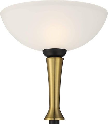 Possini Euro Design Burbank Modern Mid Century Art Deco Torchiere Floor Lamp Standing 70" Tall Black Brass Metal Frosted White Glass Bowl Shade for Living Room Reading House Bedroom Home Office