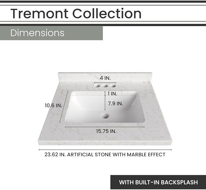 Hanover Tremont 24'' Vanity Cabinet with Sink Combo for Bathroom, Powder Room | Pre-Assembled Cabinet | 1 Drawer, Bottom Shelf | Artificial Stone Countertop | White Cabinet | HANVN0107-24-1WH