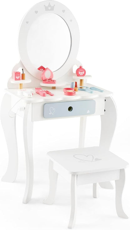 HONEY JOY Kids Vanity, Toddler Wooden Makeup Vanity Table & Chair Set, 10 Pcs Pretend Play Dressing Accessories Toy, Tri-Fold Princess Mirror, Little Girls Vanity Set with Mirror and Stool, White