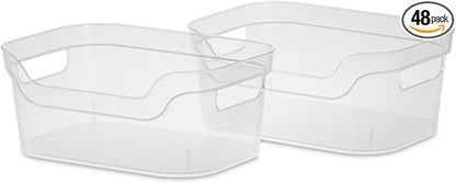 Sterilite 9.5 x 6.5 x 4 Inch Small Open Scoop Front Clear Storage Bin with Comfortable Carry Through Handles for Household Organization (48 Pack)