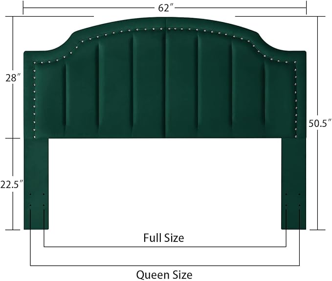 24KF Velvet Fabric Upholstered Queen/Full Headboard with Nail Trims,Modern Vertical Channel Design with Curved Headboard, 6052-Q-Jade