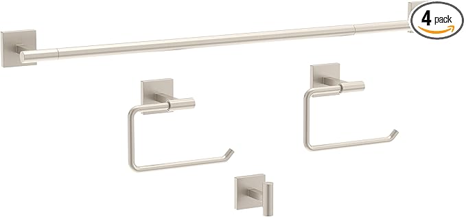 Franklin Brass Nash 4-Piece Bathroom Set Satin Nickel 18" Towel Bar w/ 6" Extender, Toilet Paper Holder, Hand Towel Holder, Hook | Bathroom Accessory Set Towel Holder Hardware NASH64-BN