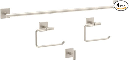 Franklin Brass Nash 4-Piece Bathroom Set Satin Nickel 18" Towel Bar w/ 6" Extender, Toilet Paper Holder, Hand Towel Holder, Hook | Bathroom Accessory Set Towel Holder Hardware NASH64-BN