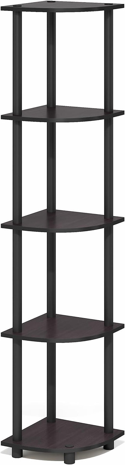 Furinno Turn-N-Tube Corner Shelf, 5-Tier Corner Bookshelf, Open Storage Shelves, for Organization and Storage, Living Room, Home Office, Garage, Bedroom, Dark Mocha
