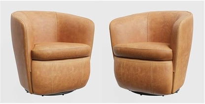 Pemberly Row Genuine Italian Leather Brown Swivel Club Chair (Two Pack)