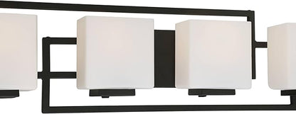 Possini Euro Design Modern Wall Light Black Hardwire 29" 4-Light Fixture Opal White Rectangular Geometric Glass Shade for Bedroom Bathroom Bedside Vanity Living Room Home Mirror Hallway Dining