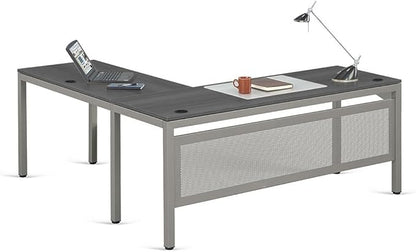 nbf signature series at Work Reversible L Shaped Desk 60" w x 60" d Ergonomic Corner Computer Desk with Warm Ash Laminate/Brushed Nickel Steel Frame for Office Use