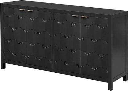 Sideboard Buffet Cabinet with Storage,Wood Modern Sideboard with Honeycomb Patterned Doors,Adjustable Shelves for Living Room Dining Room Kitchen (Black)