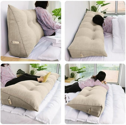 WOWMAX Triangular Headboard Pillow Bed Wedge Pillow for Headboard Full Size Wedge Pillow Headboard for Daybed Bunk Bed Large Bolster Pillow for Bed with Removable Cover, 85% Linen 15% Cotton Blend