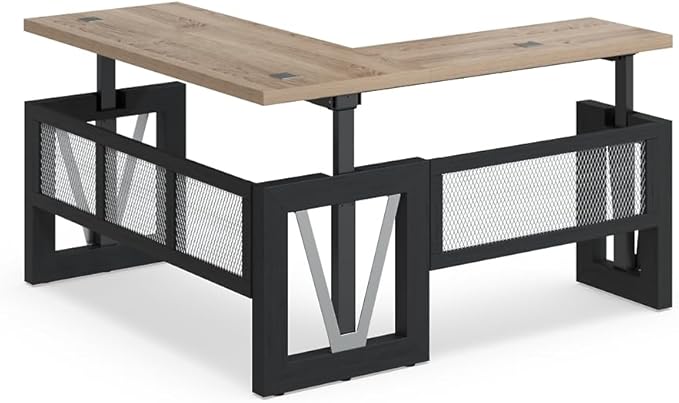 NBF Reversible L-Shaped Executive Office Desk - Height Adjustable Electric Standing Computer Desk with Steel Frame - Modern Desk with Grommet Holes - 78" D x 49.5" H Work Desk for Home (Black, Tan)