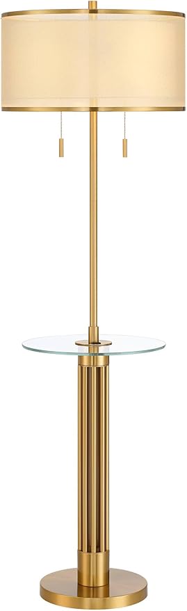 Possini Euro Design Granview Mid Century Modern 66" Tall Standing Floor Lamp with Glass Table USB Port Gold Metal Warm Brass Finish Living Room Bedroom House Reading Office Home Decor Entryway
