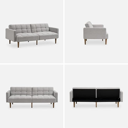 mopio Aaron 76.8" Couch, Small Futon Sofa Bed, Sleeper, Loveseat, Mid Century Modern Futon Couch, Sofa Cama, Couches for Living Room, Bedroom (Light Gray, Fabric)