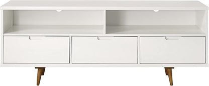 Walker Edison Millie Mid Century Modern 3 Drawer Solid Wood Low Stand for TVs up to 65 Inches, 58 Inch, White