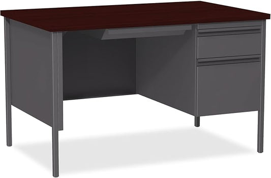Lorell Fortress Single Pedestal Desk, 30" x 48" x 29.5", Gray Steel Base with Mahogany Laminate Top