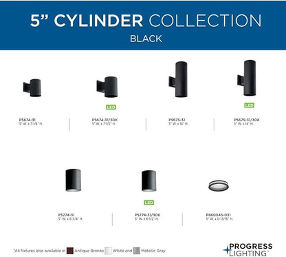 Progress Lighting 5-Inch Cylinder Outdoor Ceiling Light, 1-Light Modern Flush Mount Ceiling Light Fixture, Interior and Exterior Lighting for Home or Porch, Aluminum Construction, Black (P5774-31)