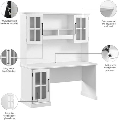 Bush Furniture Westbrook 60W Computer Desk with Hutch in White Ash | Farmhouse Desk for Home Office Workspace