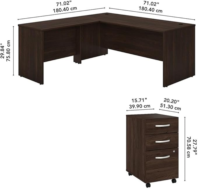 Pemberly Row Engineered Wood 72W x 30D L Shaped Desk w/Drawers in Black Walnut