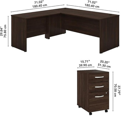 Pemberly Row Engineered Wood 72W x 30D L Shaped Desk w/Drawers in Black Walnut