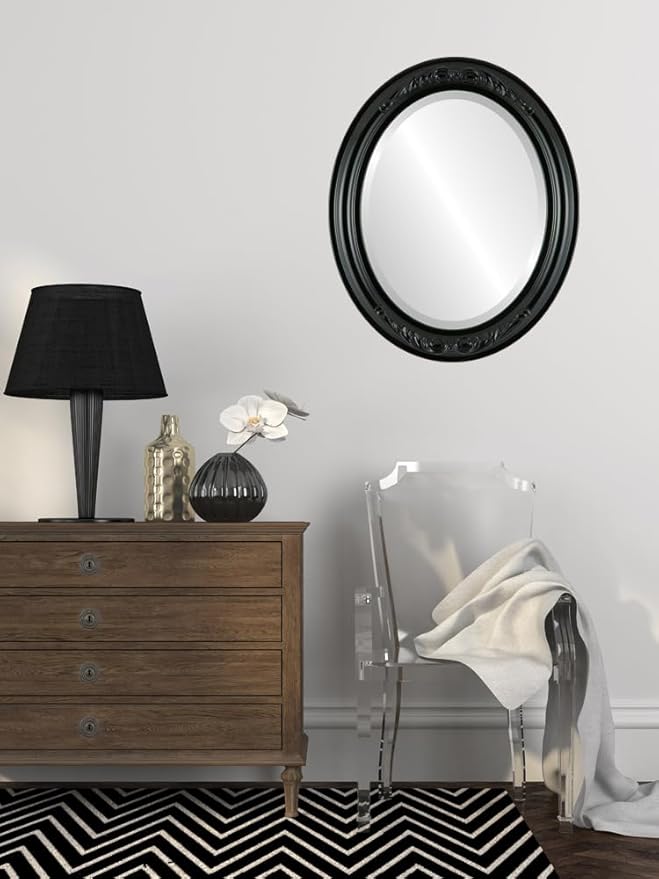 OVALCREST Oval Beveled Wall Mirror for Home Decor - Florence Style - Gloss Black - 24" x 20"