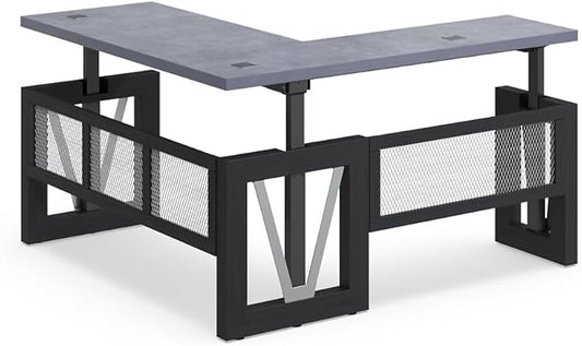 NBF District Reversible L-Shaped Executive Office Desk with Height Adjustable - Durable Laminate Computer Desk with Modesty Panel - Modern Desk with 3 Grommet Holes - Office Work Desk (Black, Gray)