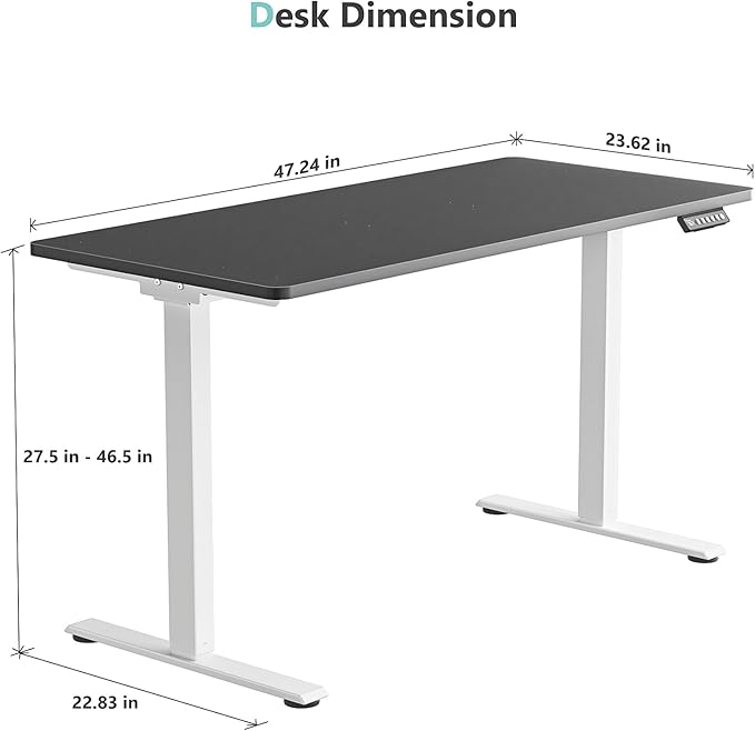 Dual Motor Electric Standing Desk with One Piece Desktop, 48 x 24 Inch Adjustable Height Sit to Stand Up Desk for Home Office, Work & Study, White Frame & Black Desktop (2 Packages)