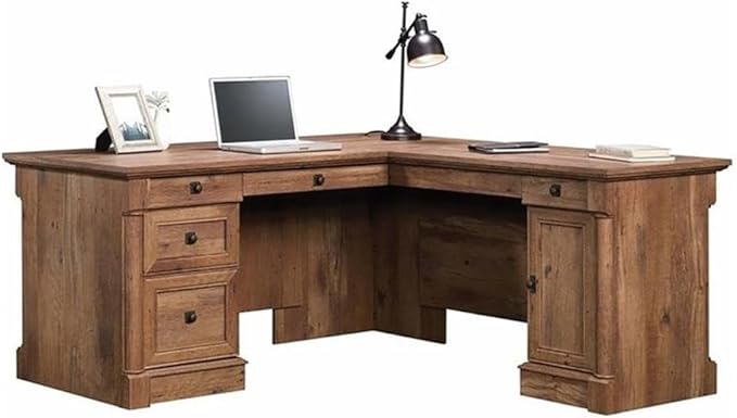 Pemberly Row Home Office L Shaped Corner Desk with Computer Tower Storage and Letter/Legal File Drawer, Vintage Oak