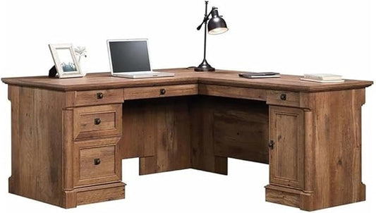Pemberly Row Home Office L Shaped Corner Desk with Computer Tower Storage and Letter/Legal File Drawer, Vintage Oak