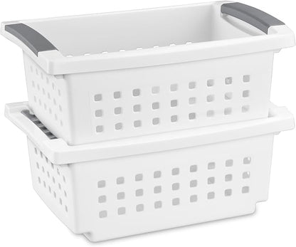Sterilite 16608008 Small Stacking Basket with Vertical Stacking Functionality and Titanium Accents for Organization in Home or Office, White (16 Pack)